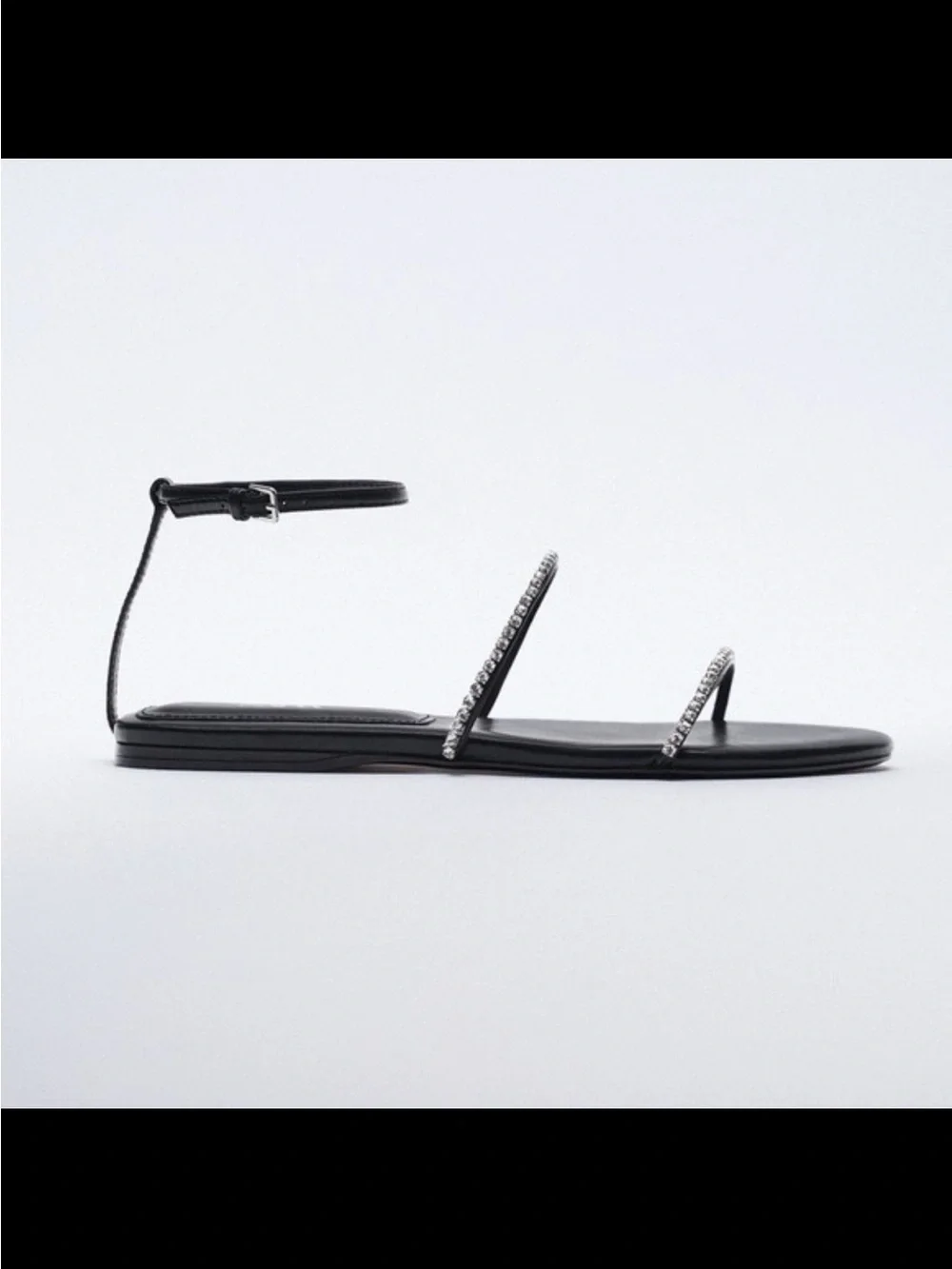 Zara Black Crystal-Strap Ankle-Secured Flat Sandals - Picture 2 of 6